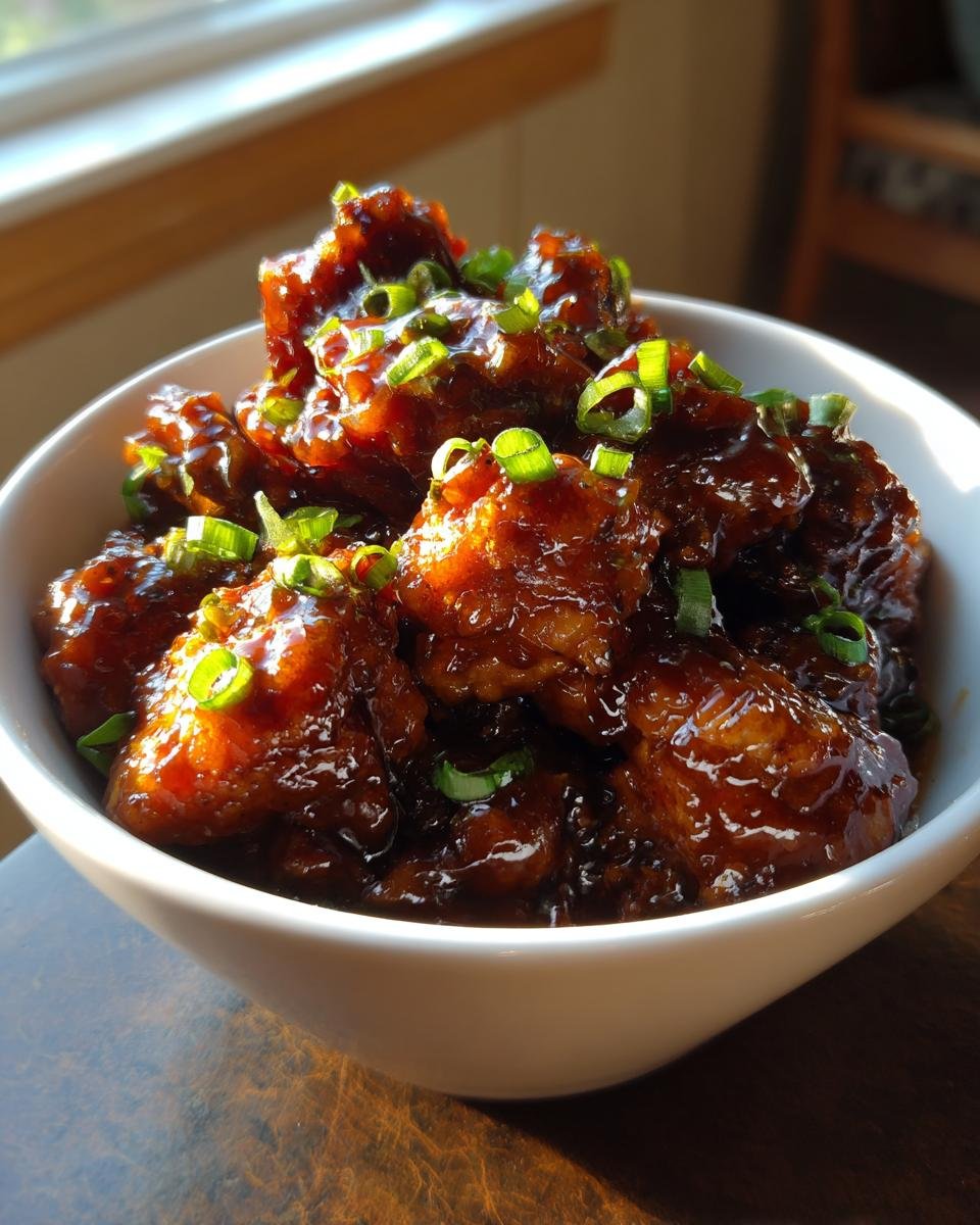 Close-up of glossy, saucy Irresistible Bourbon Chicken Sweet Tangy Delight Recipe pieces garnished with green onions.