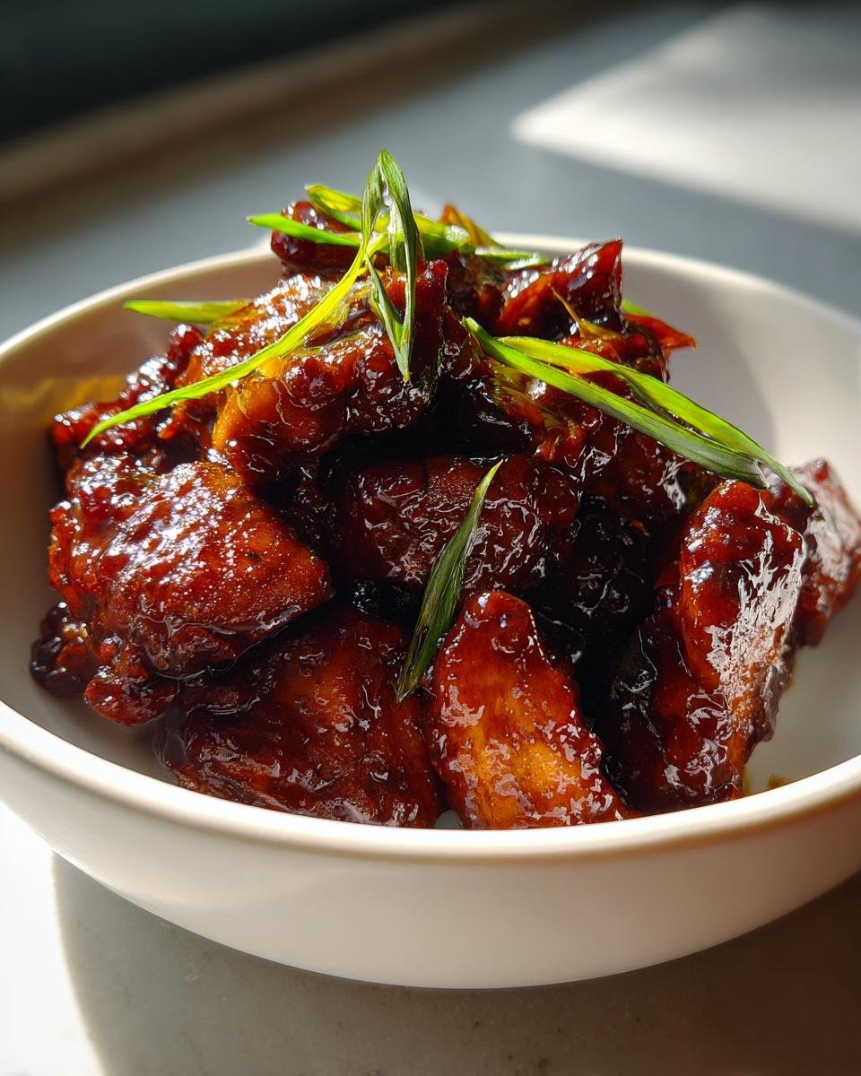 Close-up of Irresistible Bourbon Chicken pieces coated in a thick, sweet, and tangy glaze, topped with green onions.