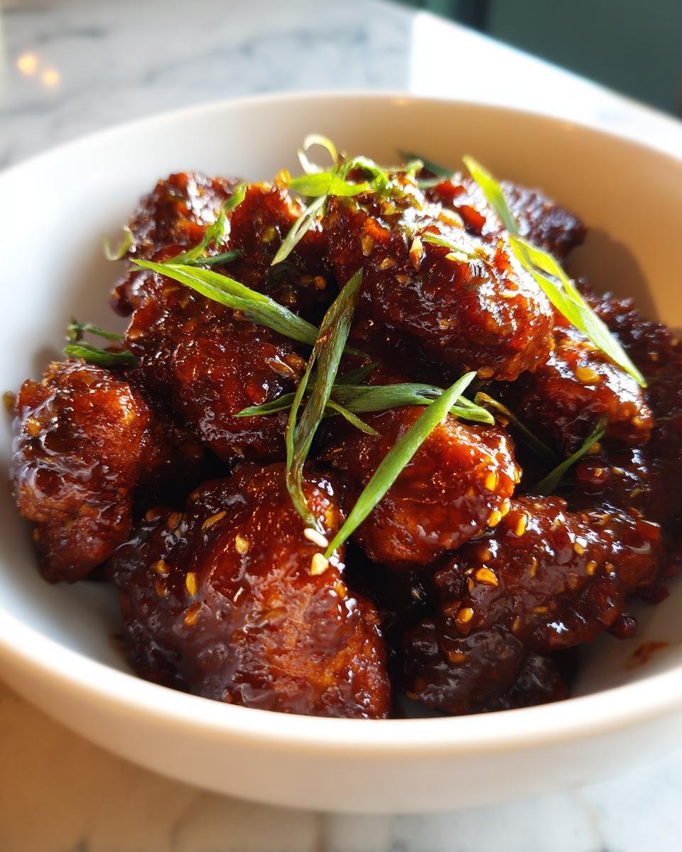Close-up of Irresistible Bourbon Chicken pieces coated in a thick, sweet, tangy glaze and topped with sliced green onions.