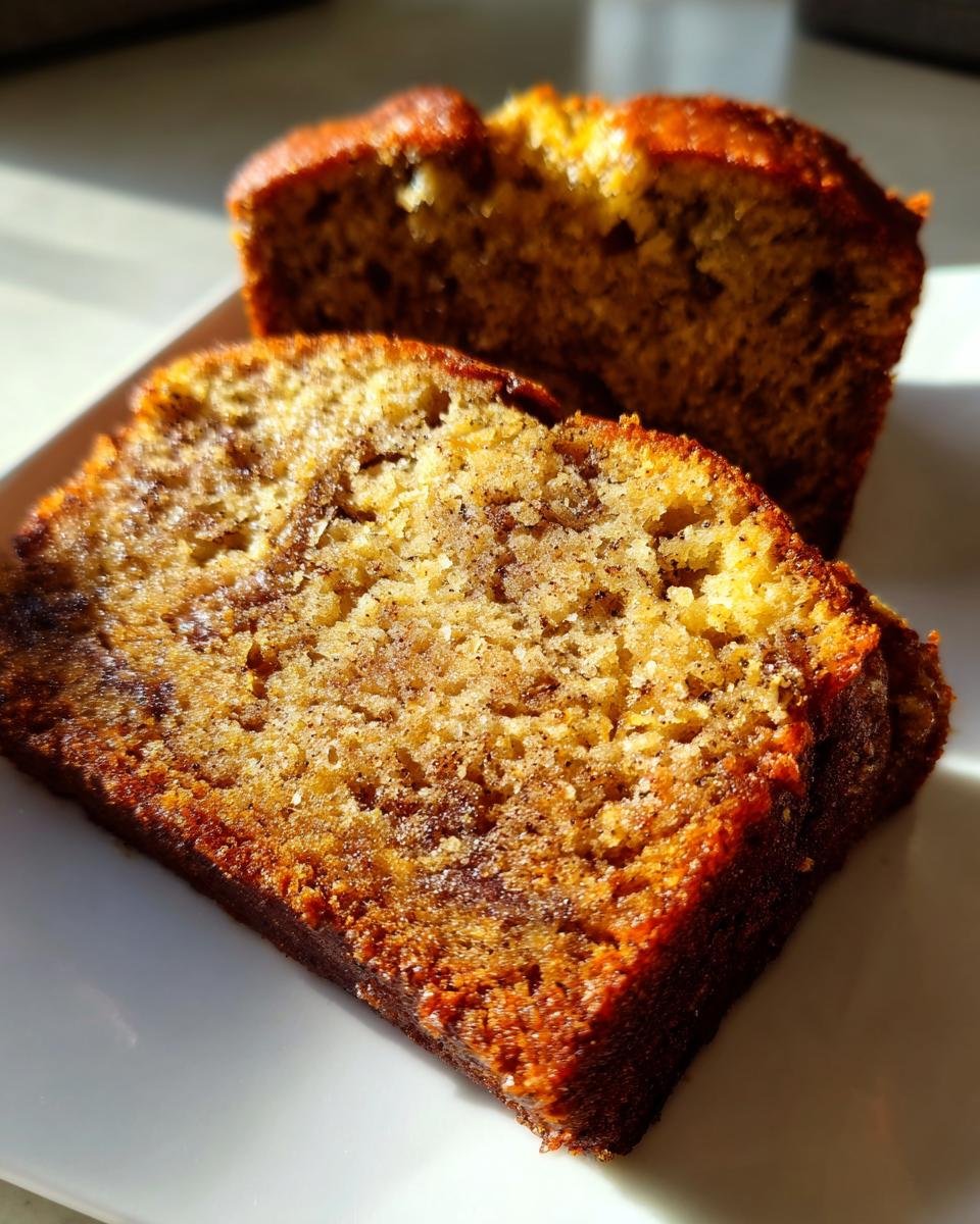 Two slices of moist Irresistible Brown Butter Banana Bread showing a rich, caramelized crust and moist interior.