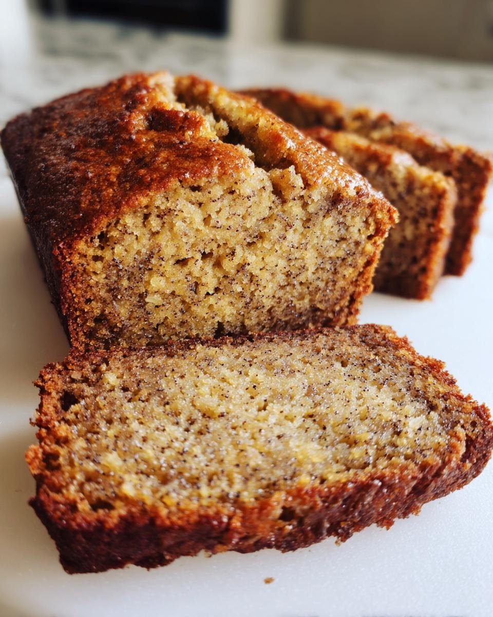 A close-up view of a loaf of Irresistible Brown Butter Banana Bread, sliced, showing the moist, speckled interior and caramelized crust.