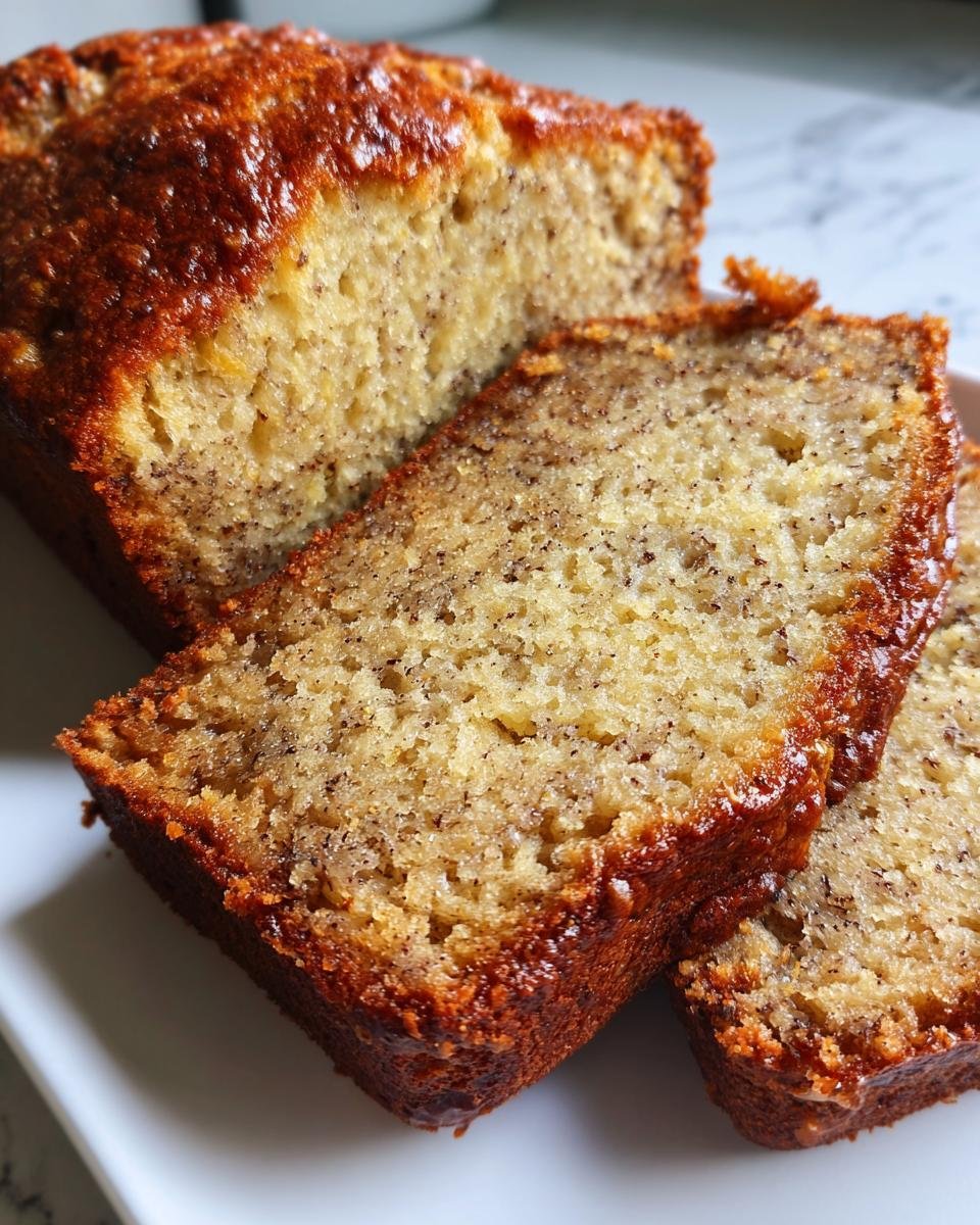 Close-up of moist slices of Irresistible Brown Butter Banana Bread showing a rich, dark crust and speckled interior.