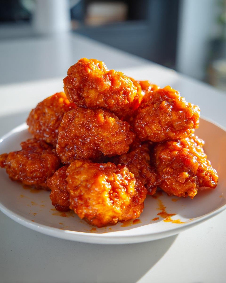 A close-up stack of glistening, saucy Irresistible Buffalo Chicken Bites piled high on a white plate.