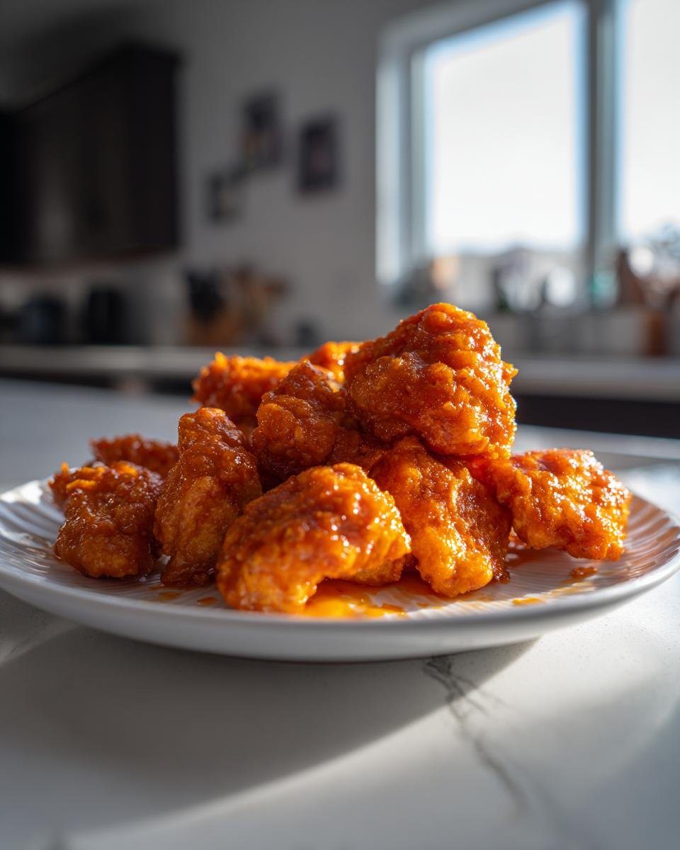 A plate piled high with glistening, saucy Irresistible Buffalo Chicken Bites, set on a bright kitchen counter.