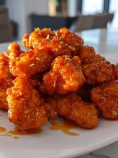 A pile of Irresistible Buffalo Chicken Bites coated in a glossy, spicy orange sauce, served on a white platter.