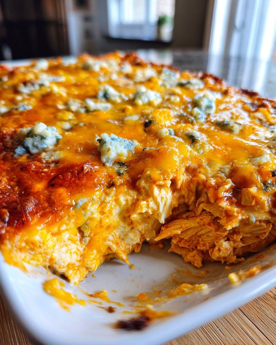 Close-up of baked Irresistible Buffalo Chicken Recipe dip topped with melted cheddar and blue cheese crumbles.