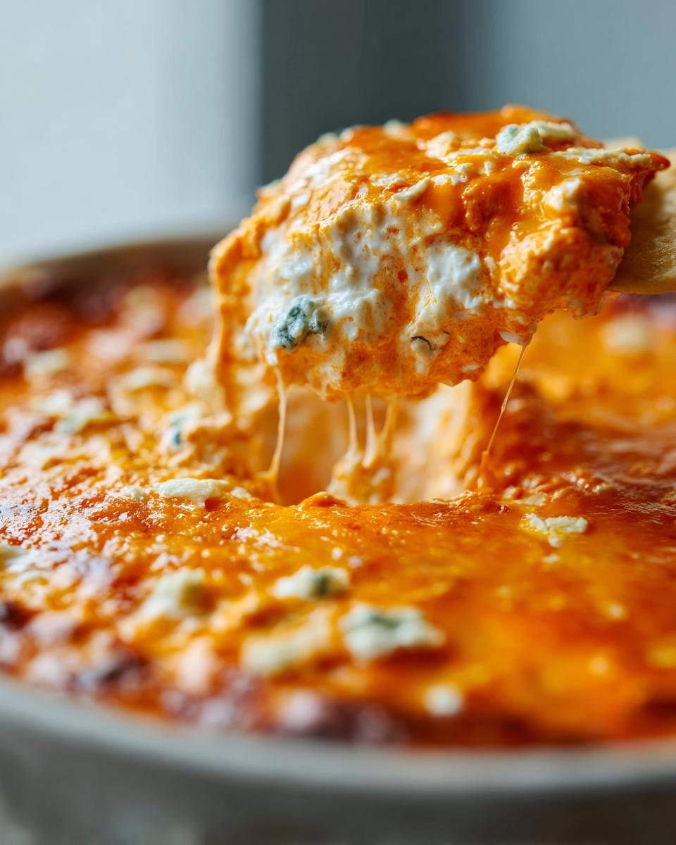 Close-up of a chip scooping hot, cheesy Irresistible Buffalo Chicken Recipe dip with visible blue cheese crumbles.