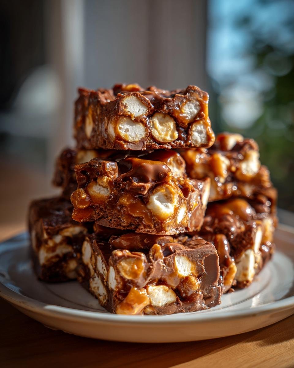 Stack of Irresistible Caramel Apple Rocky Road Delight bars showing marshmallows and caramel.