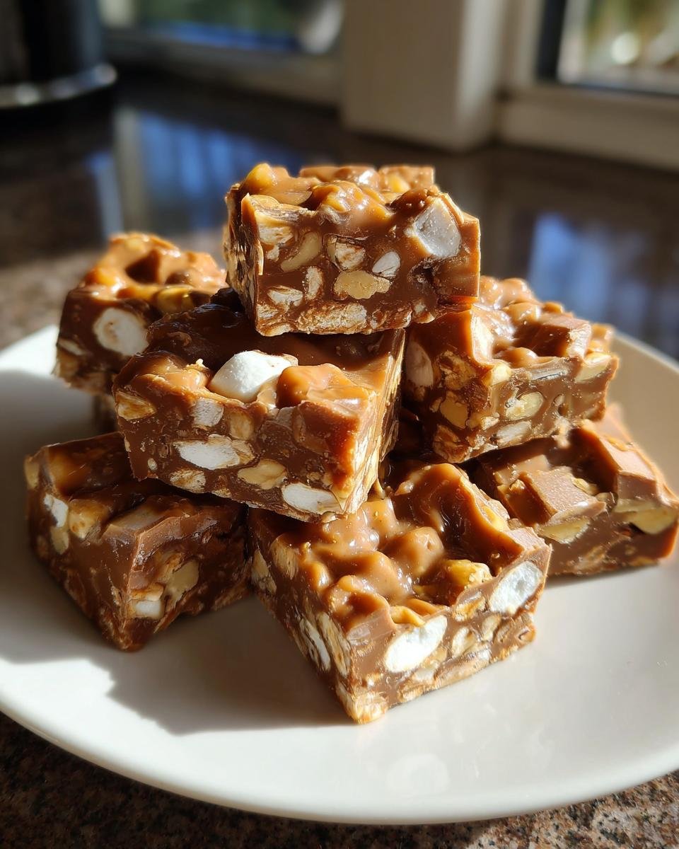 A stack of rich, chewy squares of Irresistible Caramel Apple Rocky Road Delight loaded with nuts and marshmallows.