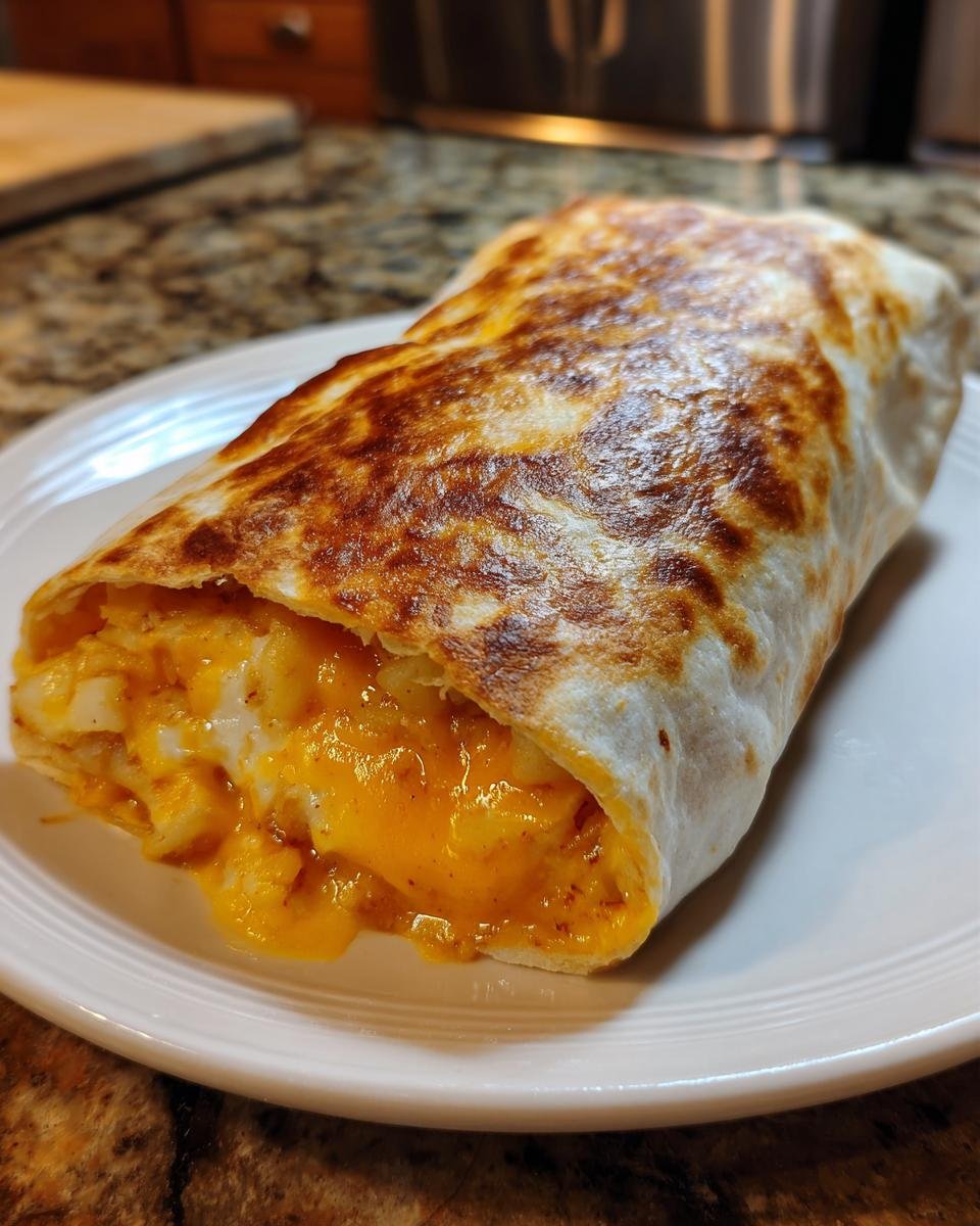 A close-up of an Irresistible Cheesy Potato Burritos, showing a golden-brown toasted tortilla filled with melted cheddar cheese and potatoes.