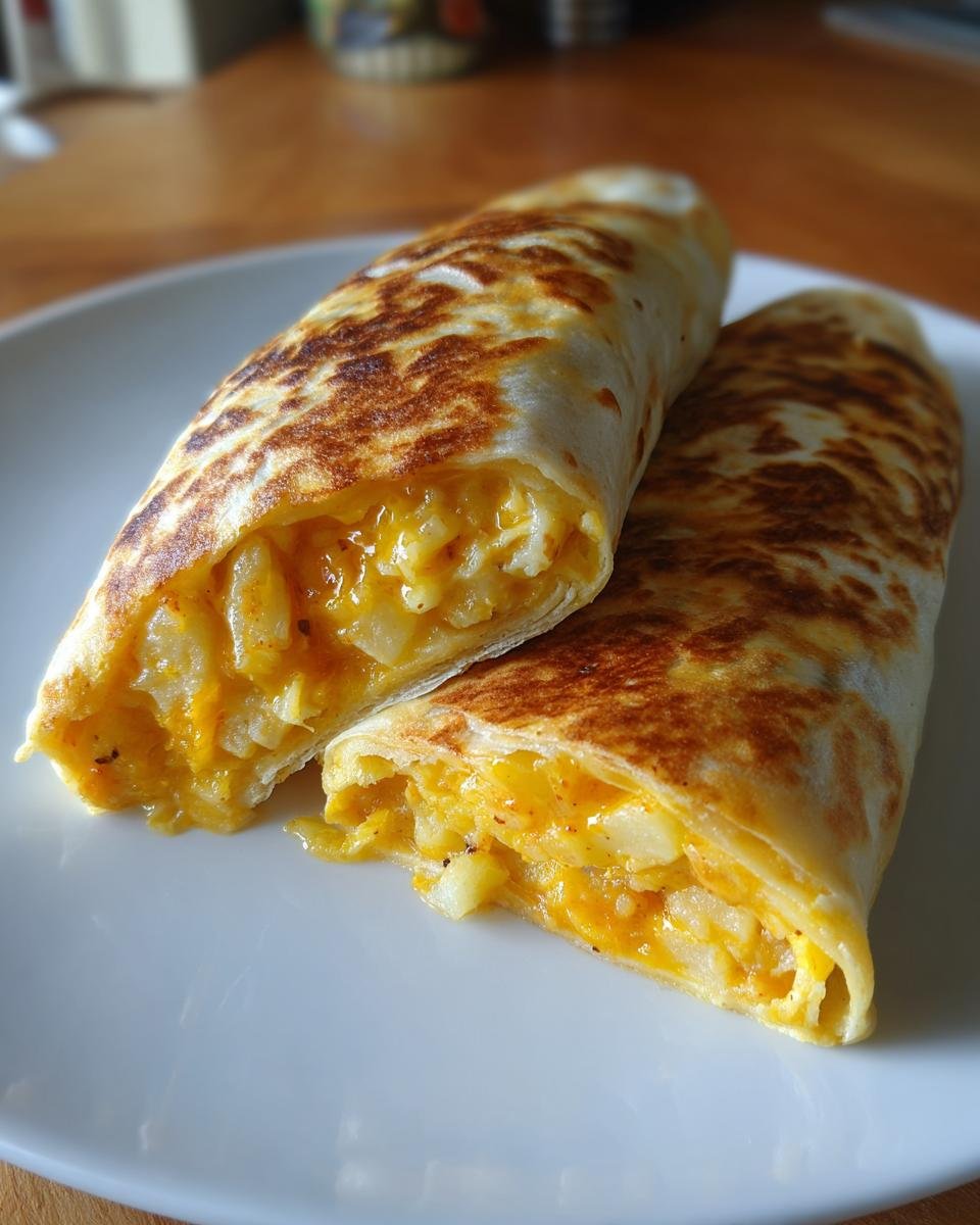 Two halves of an Irresistible Cheesy Potato Burritos showing melted cheese and potato filling inside a toasted tortilla.