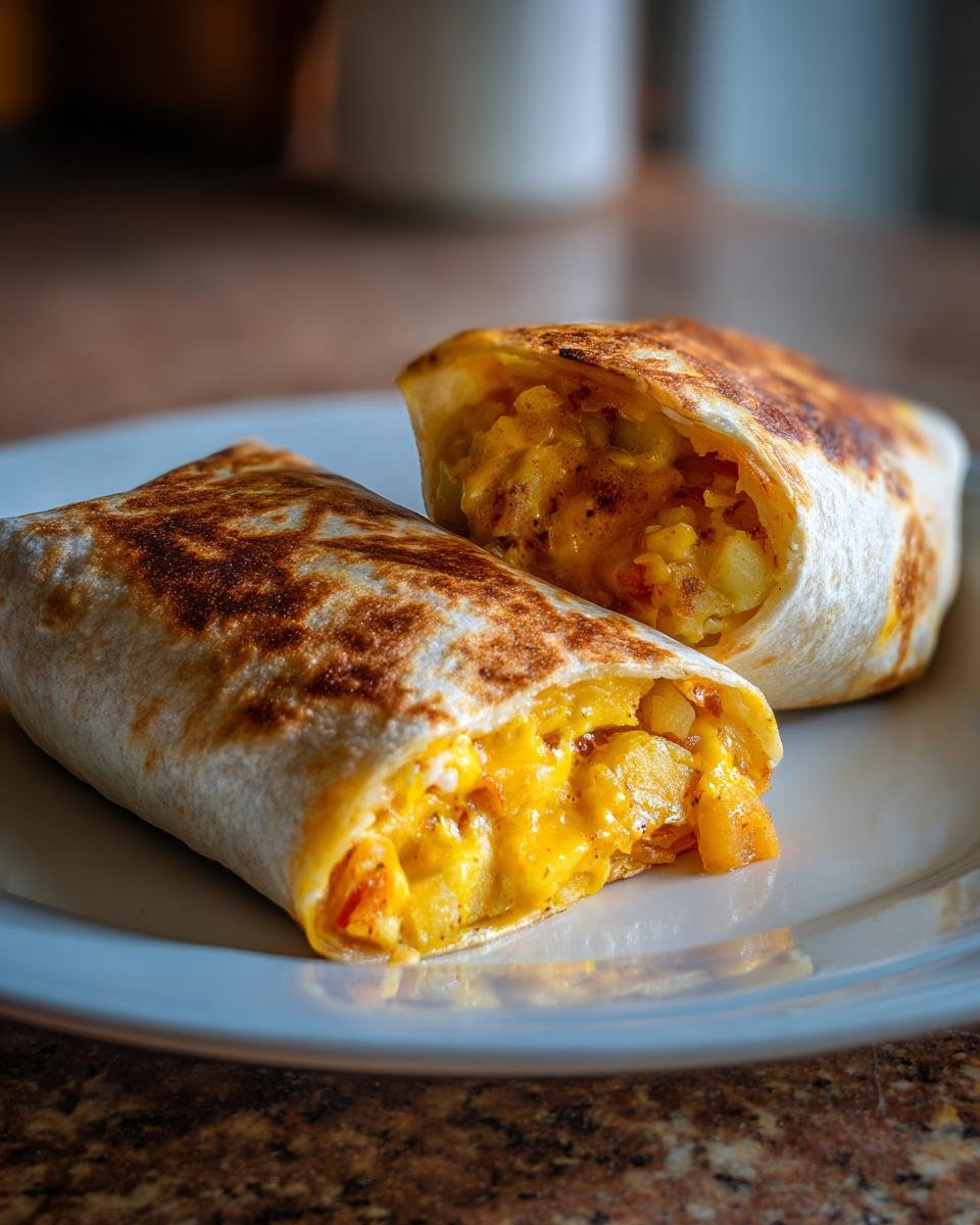 Two halves of an Irresistible Cheesy Potato Burrito showing melted cheese and potato filling.