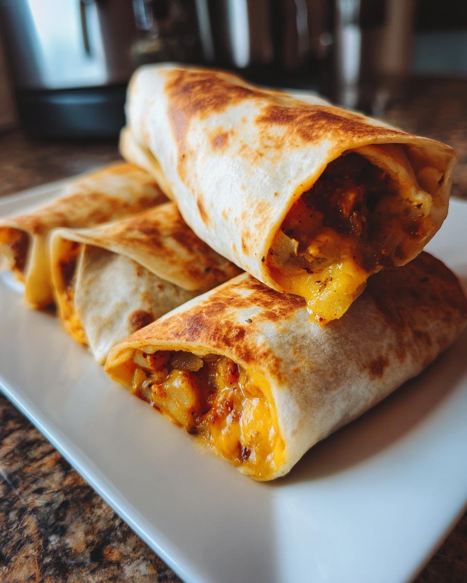 Close-up of toasted tortillas filled with potatoes and melted cheese, showcasing Irresistible Cheesy Potato Burritos.