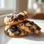 A stack of three Irresistible Chewy Oreo Chocolate Chip Cookies featuring melted chocolate chunks and Oreo pieces.