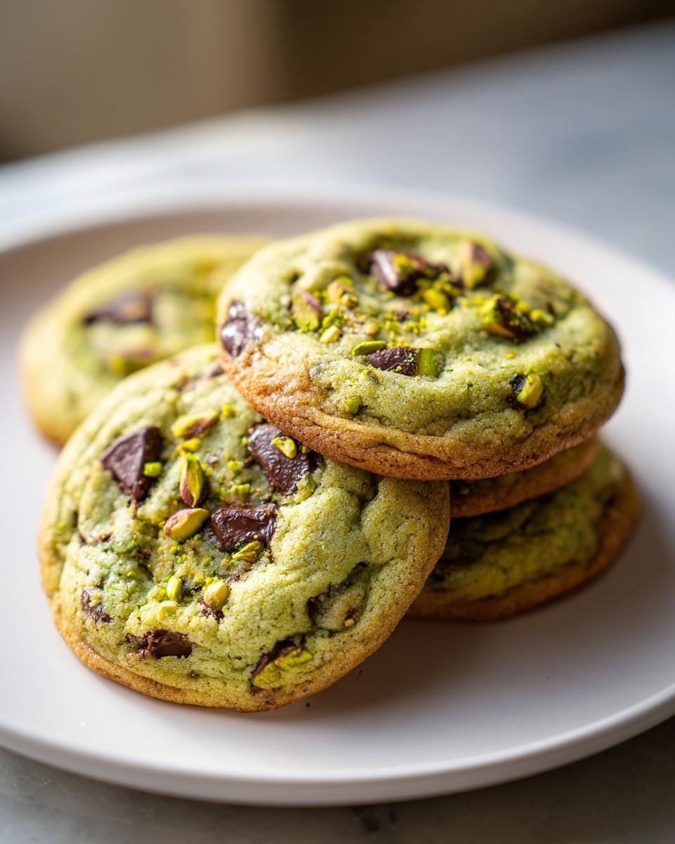A stack of Irresistible Chewy Pistachio Cookies W Dark Chocolate Chunks on a white plate.