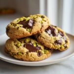 A stack of three Irresistible Chewy Pistachio Cookies W Dark Chocolate Chunks on a light plate.