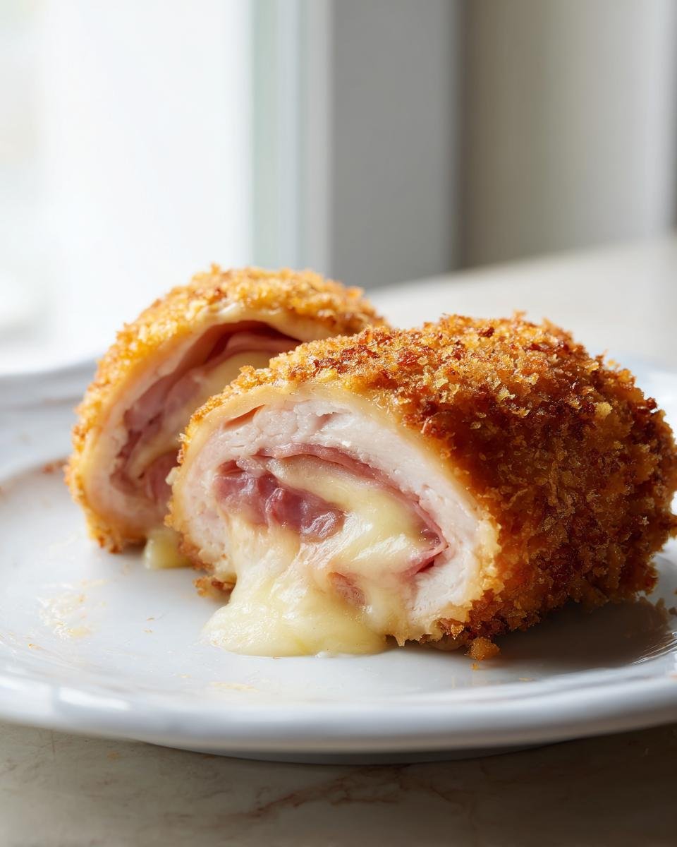 Close-up of Irresistible Chicken Cordon Bleu cut in half showing melted cheese oozing out.