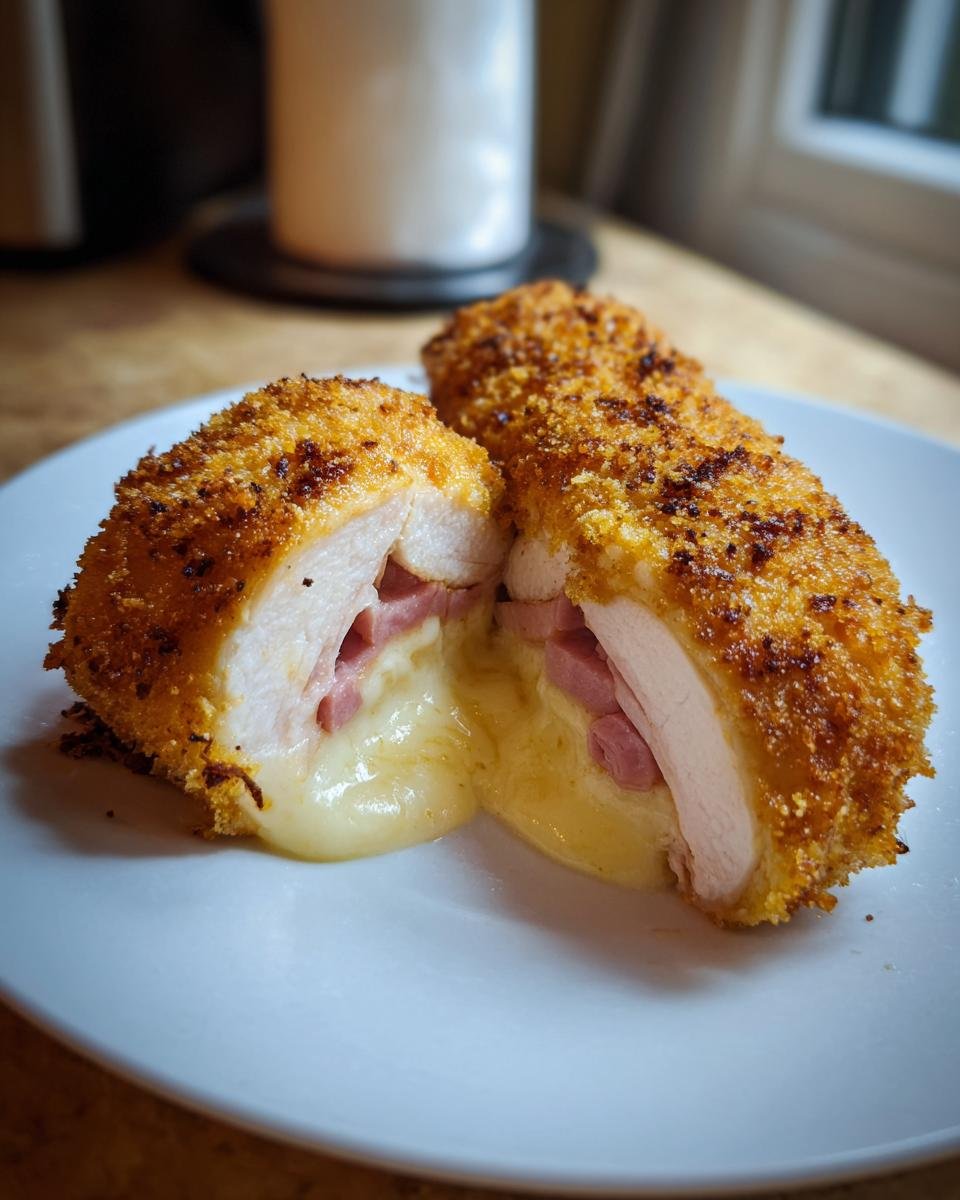 Cross-section of an Irresistible Chicken Cordon Bleu showing melted cheese and ham filling.