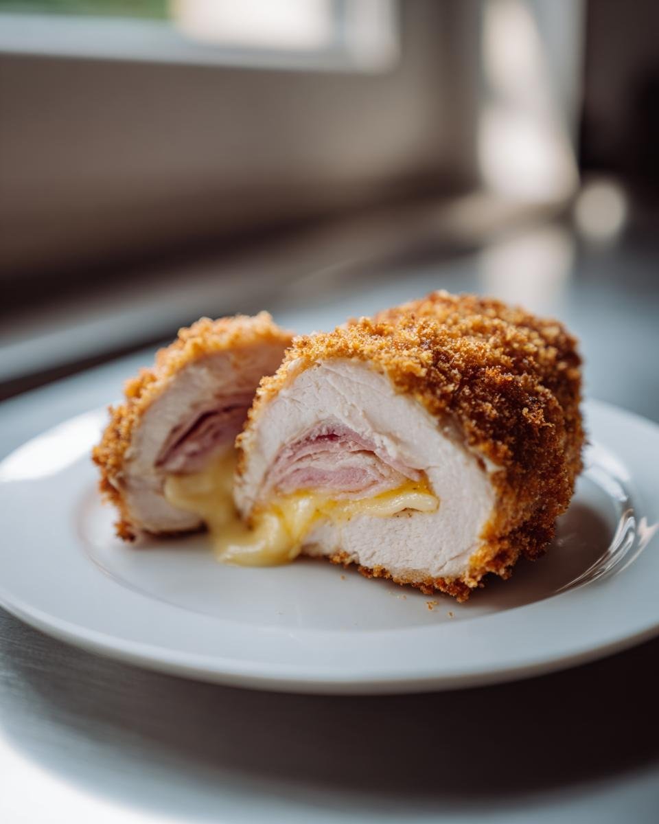 Cross-section of Irresistible Chicken Cordon Bleu showing melted cheese oozing out, served on a white plate.
