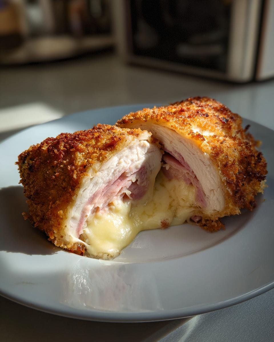 Cross-section of Irresistible Chicken Cordon Bleu showing melted cheese oozing out, ham, and crispy breading.