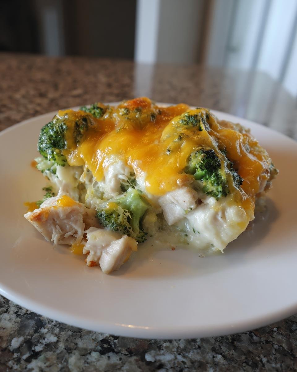 A serving of Irresistible Chicken Divan Recipe with chicken, broccoli, and melted cheddar cheese on a white plate.
