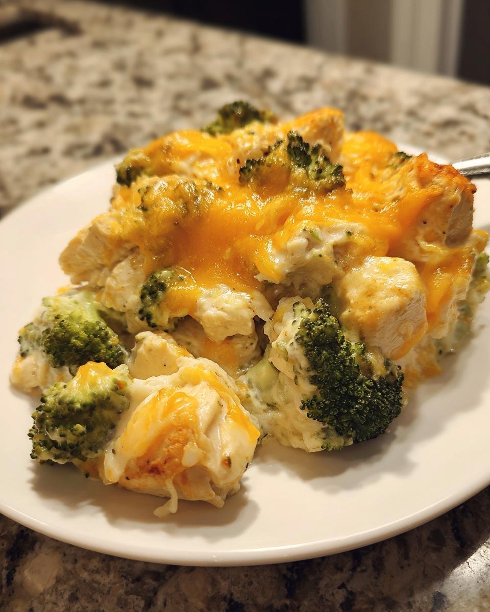 A close-up of a serving of the Irresistible Chicken Divan Recipe, featuring chicken, broccoli, and melted cheddar cheese.