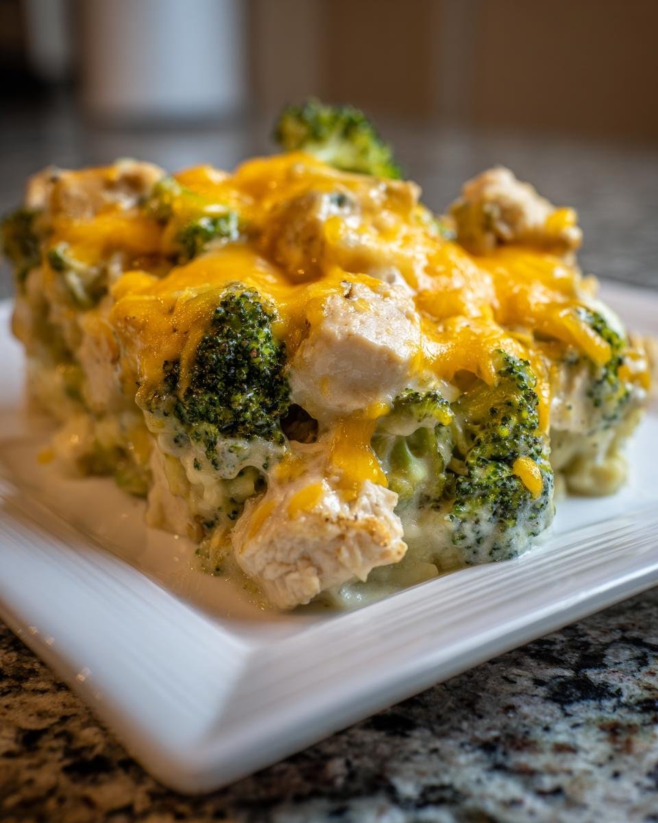 A close-up of a portion of Irresistible Chicken Divan Recipe, featuring chicken, broccoli, and melted cheddar cheese sauce.