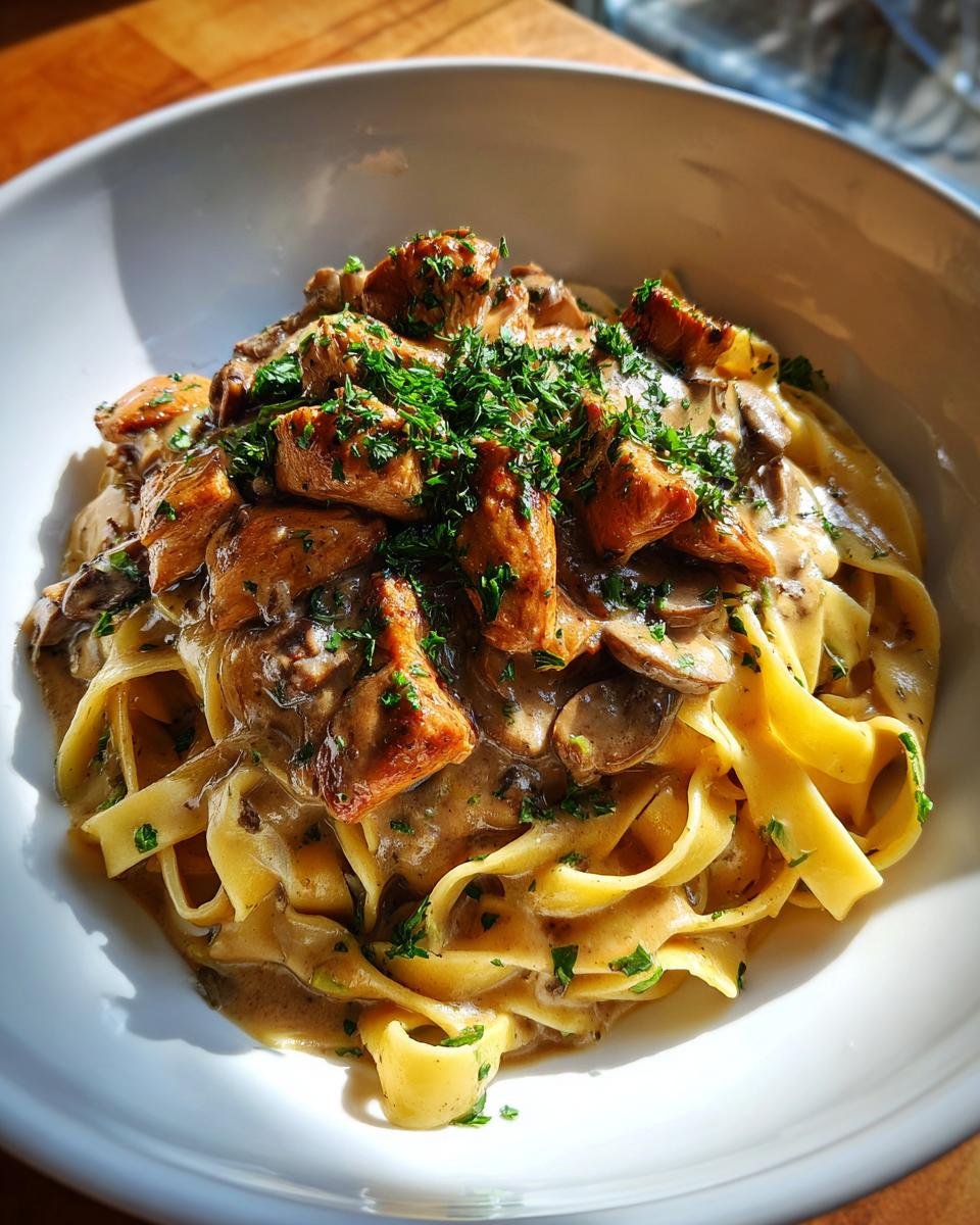 A bowl of Irresistible Chicken Marsala Pasta featuring fettuccine, creamy mushroom sauce, chicken pieces, and fresh parsley.