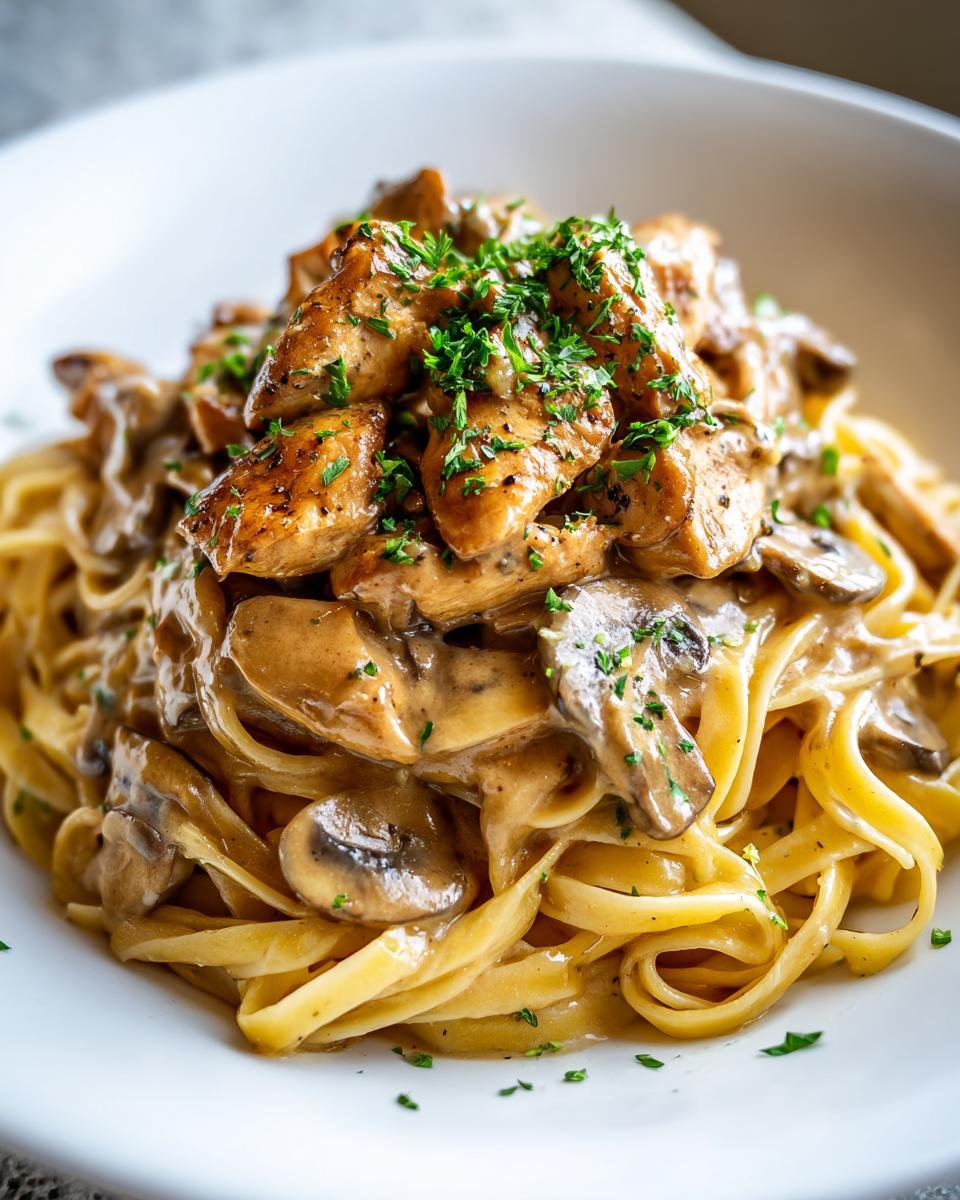 Close-up of Irresistible Chicken Marsala Pasta featuring fettuccine, creamy mushroom sauce, and diced chicken topped with parsley.
