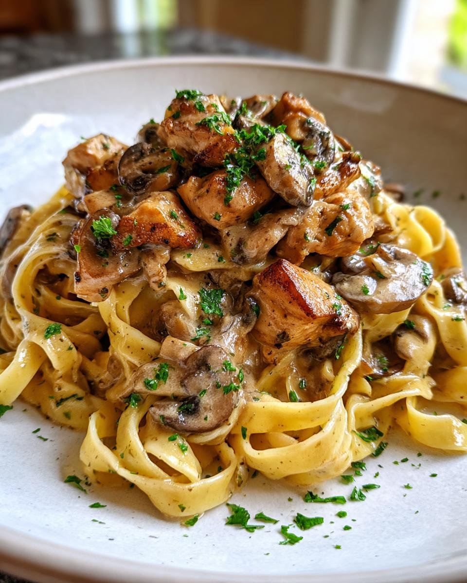 A close-up of Irresistible Chicken Marsala Pasta featuring fettuccine noodles, creamy sauce, chunks of chicken, and sliced mushrooms.
