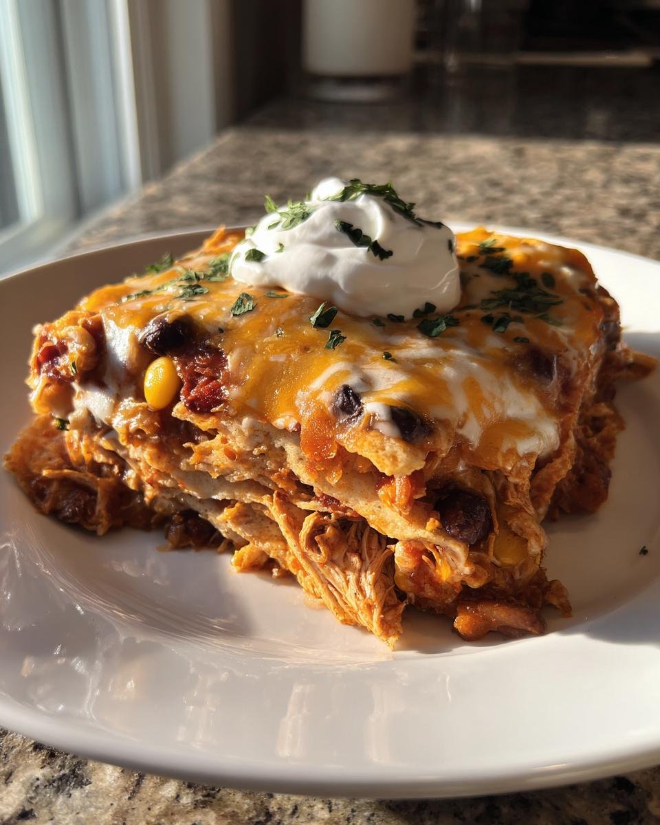 A layered slice of Irresistible Chicken Nacho Casserole topped with melted cheese, sour cream, and cilantro.