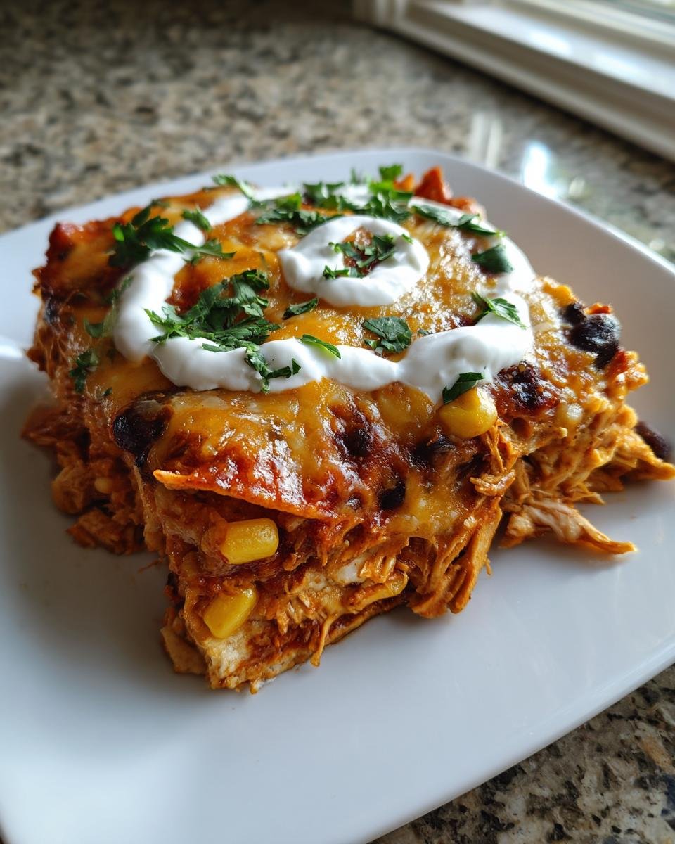 A generous slice of Irresistible Chicken Nacho Casserole topped with melted cheese, sour cream swirls, and fresh cilantro.
