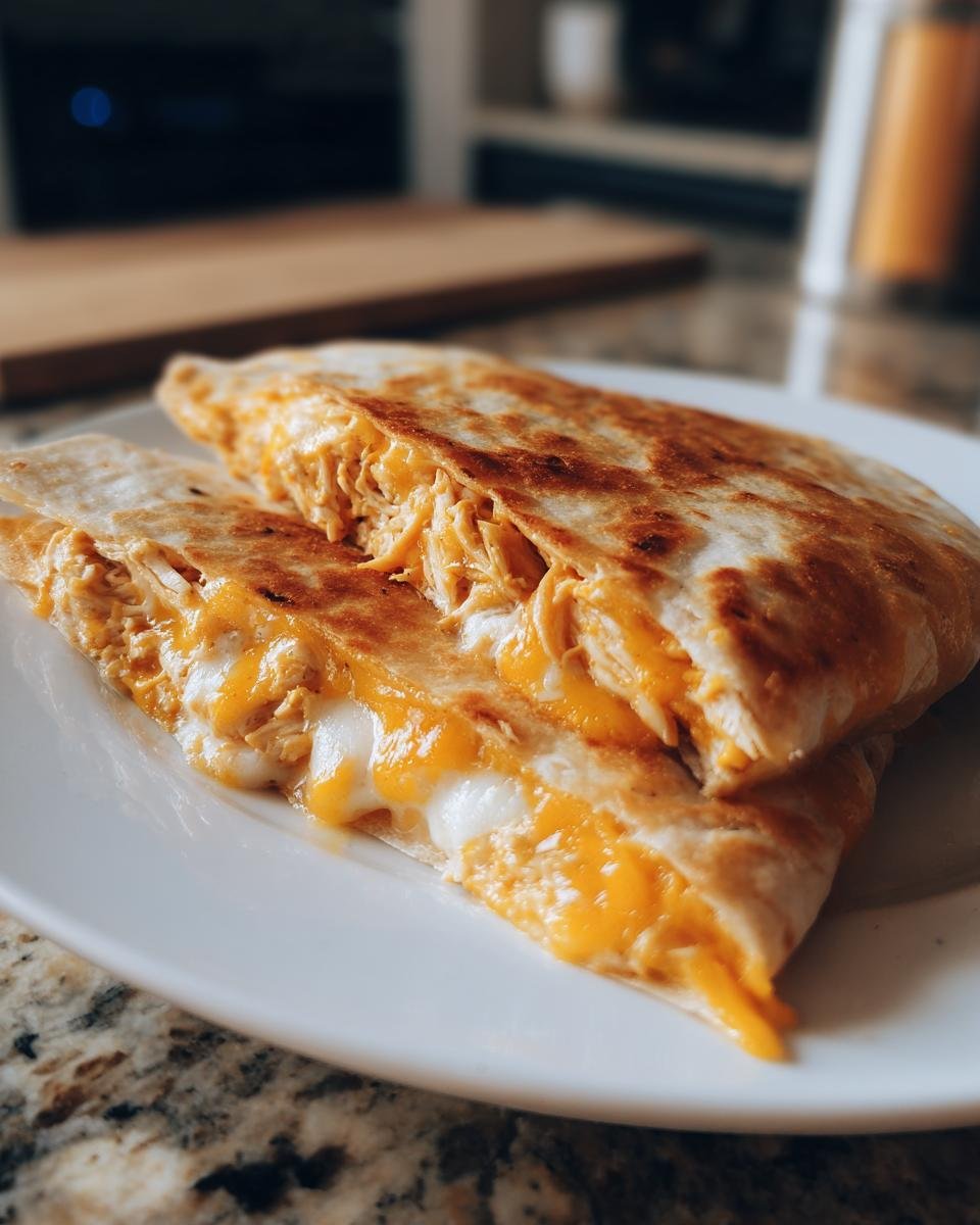 Close-up of two halves of Irresistible Chicken Quesadillas showing shredded chicken and melted orange and white cheese.
