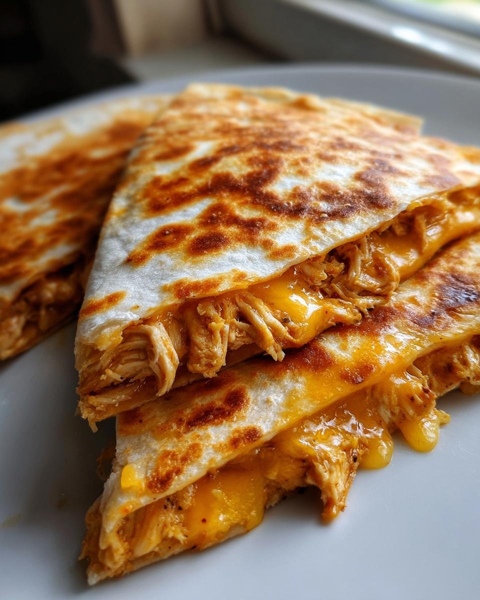 Close-up of golden-brown Irresistible Chicken Quesadillas oozing with melted cheddar cheese and shredded chicken.