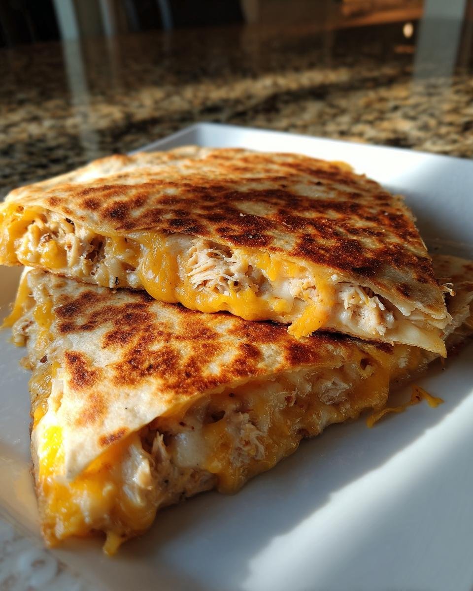 Close-up of two halves of Irresistible Chicken Quesadillas showing shredded chicken and melted cheddar cheese.