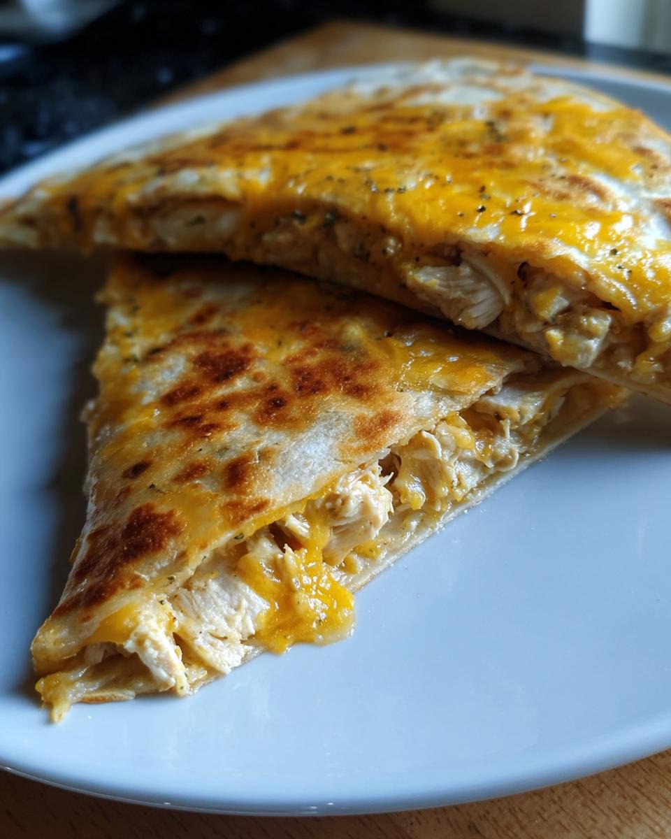 Two stacked slices of Irresistible Chicken Quesadillas showing shredded chicken and melted cheddar cheese.