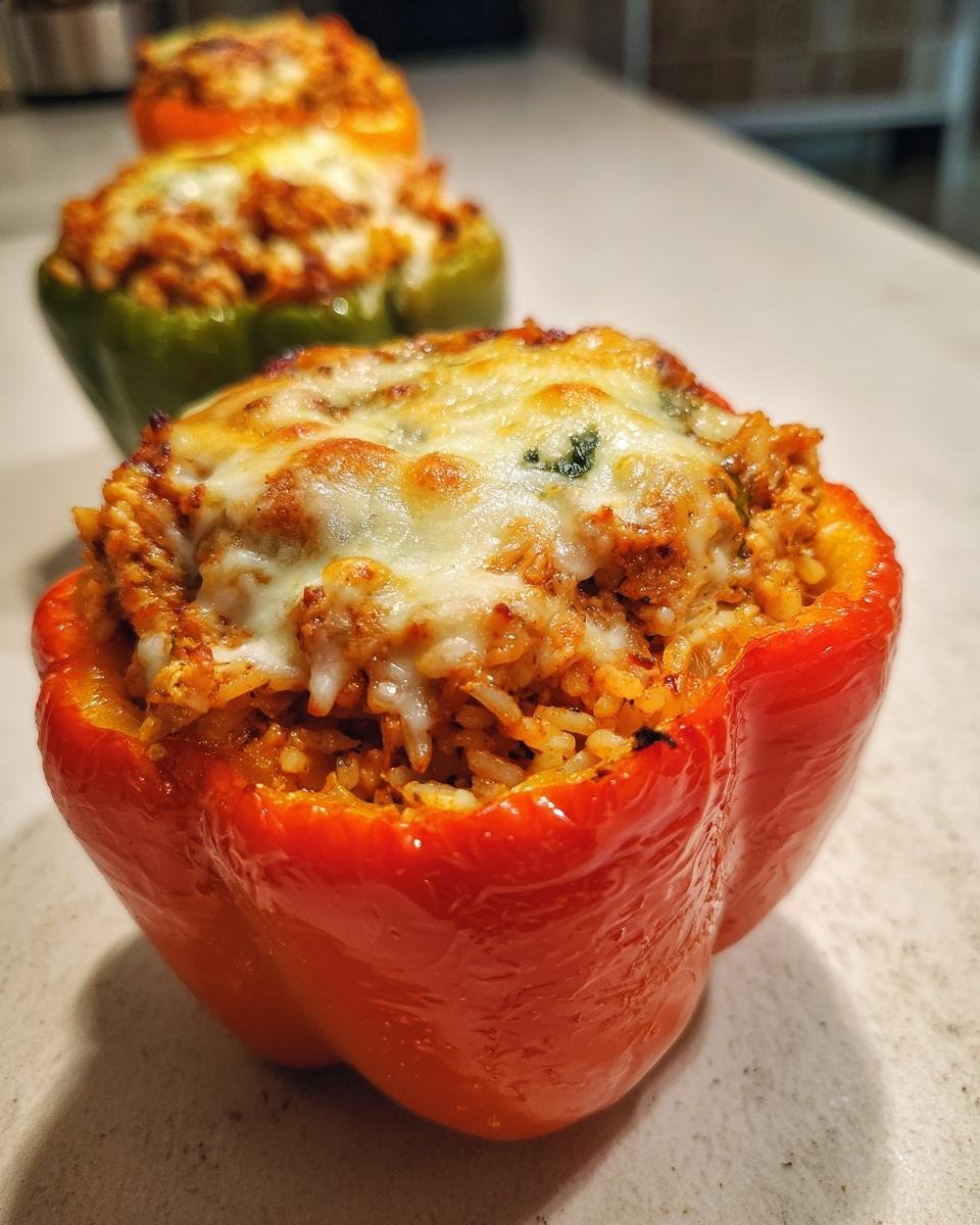 A close-up of an Irresistible Chicken Stuffed Peppers recipe, featuring a bright red pepper overflowing with filling and topped with melted cheese.