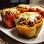 Four baked bell peppers filled with chicken and rice mixture, topped with melted cheese, ready for dinner.