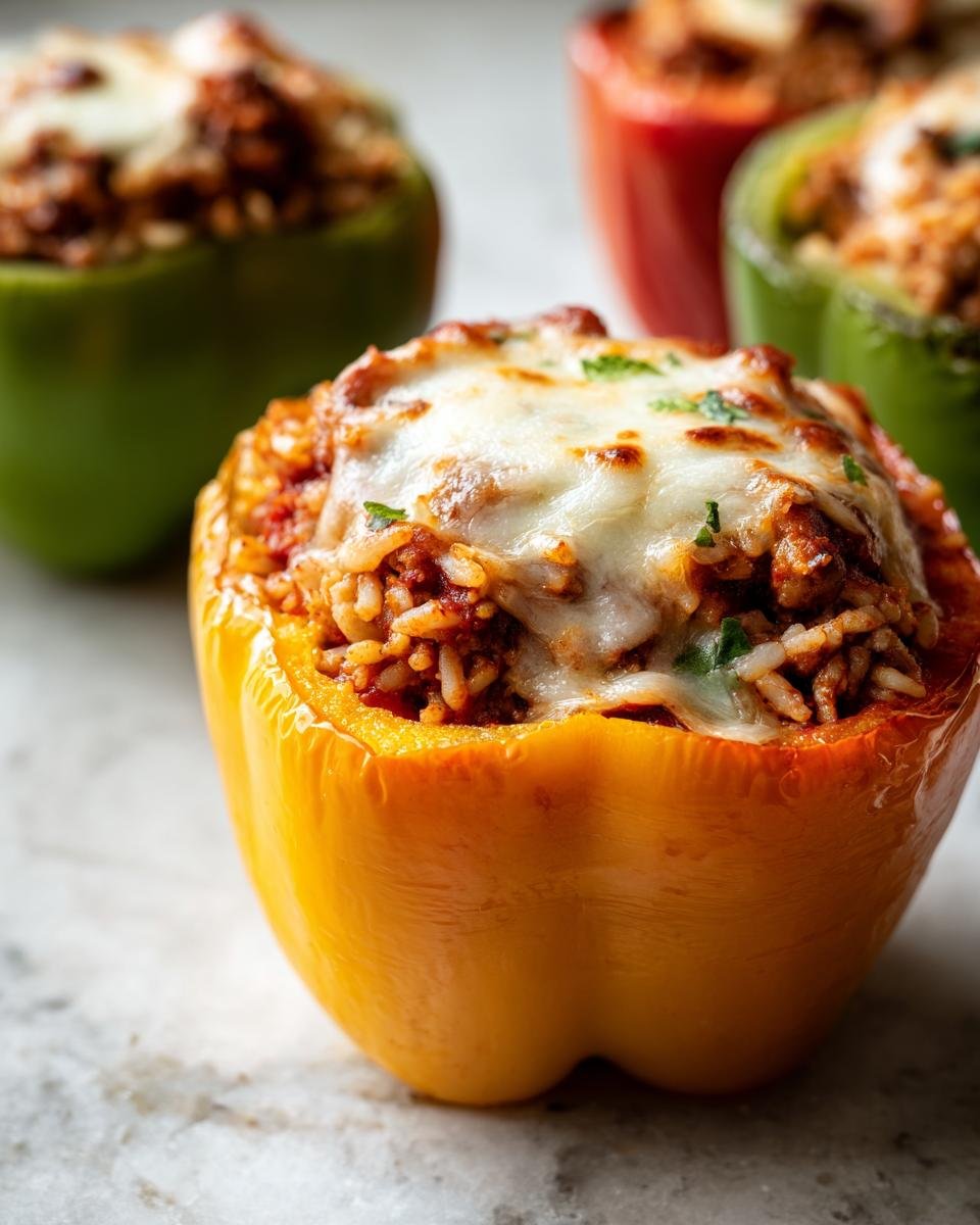Close-up of a yellow Irresistible Chicken Stuffed Peppers Recipe For Dinner, topped with melted cheese and herbs.