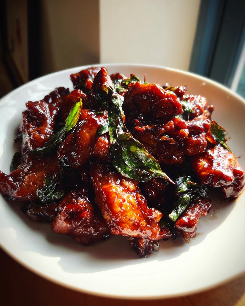 Close-up of Irresistible Chinese Three Cup Chicken coated in a dark, glossy sauce with fresh basil leaves.