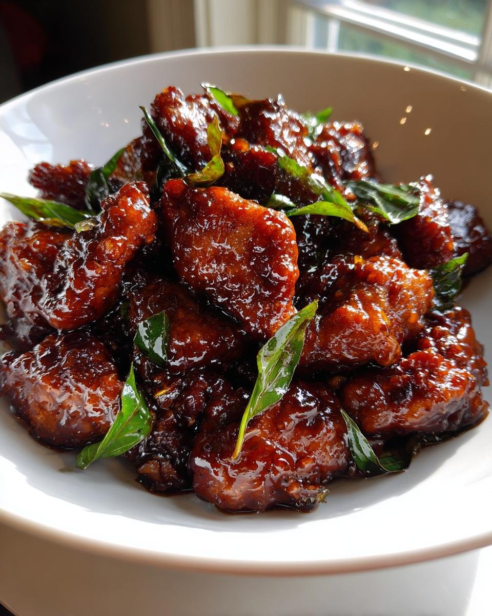 Close-up of glossy, dark glazed pieces of Irresistible Chinese Three Cup Chicken Recipe garnished with fresh green basil leaves.