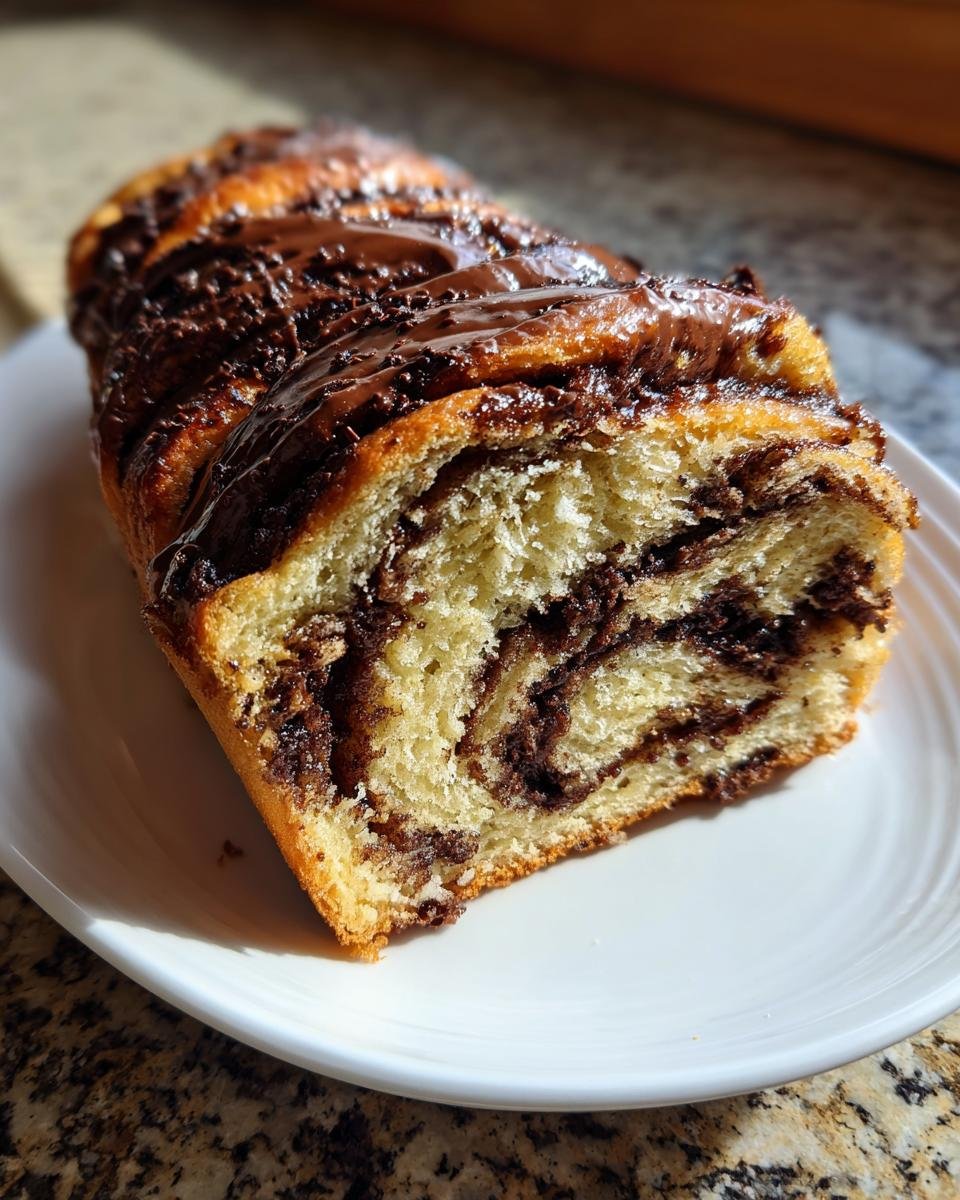 A freshly baked loaf of Irresistible Chocolate Babka Recipe, sliced to show the rich chocolate swirl and glossy glaze.