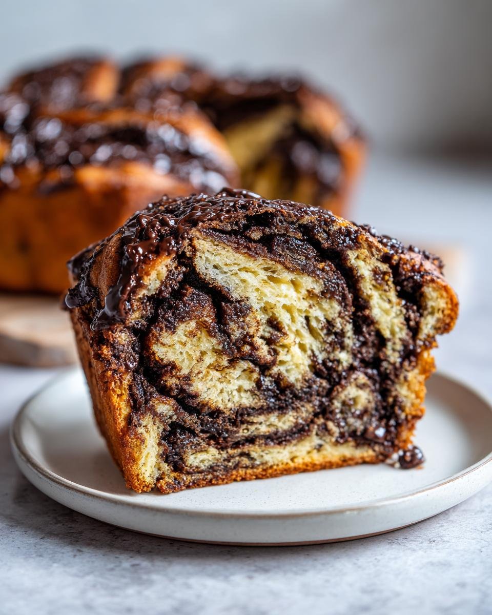 Close-up of a slice of Irresistible Chocolate Babka Recipe showing rich chocolate swirls and glaze.