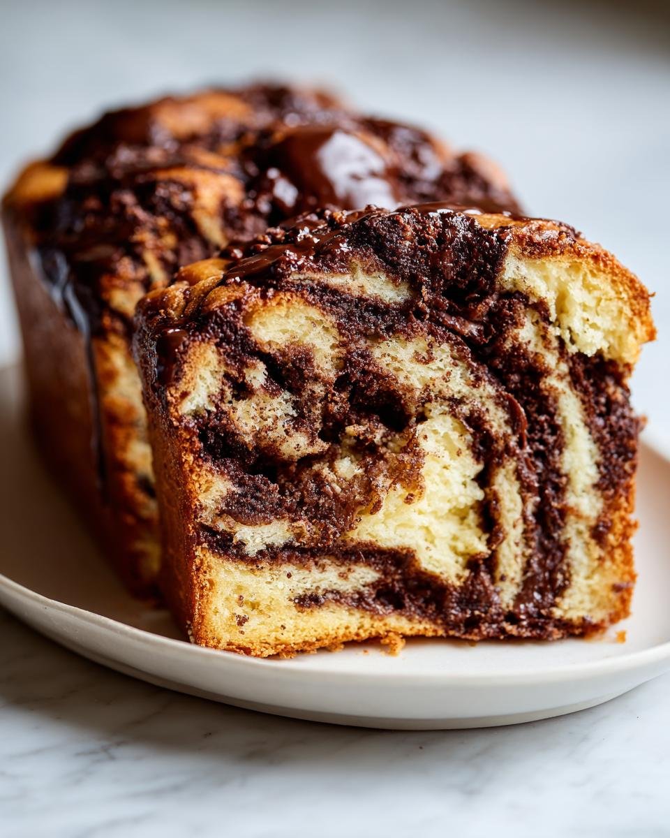 A thick slice cut from an Irresistible Chocolate Babka Recipe, showing rich chocolate swirls in the brioche dough.
