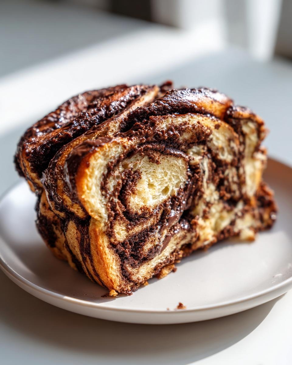 Close-up of a thick slice of Irresistible Chocolate Babka Recipe showing rich chocolate swirls.