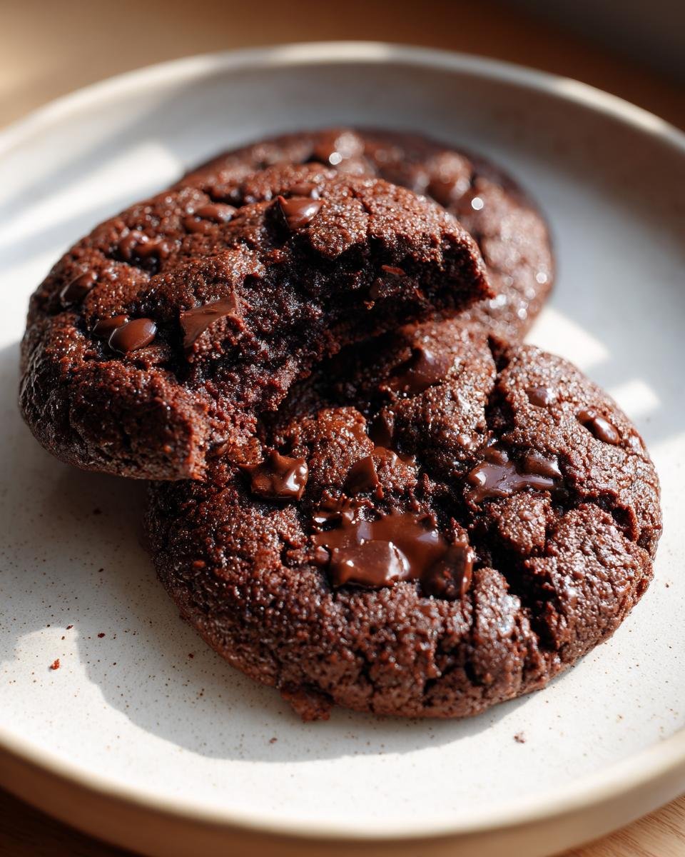 Three rich, dark chocolate cookies, one broken open to show a gooey center, part of our Irresistible Chocolate Ginger Cookies Recipe.
