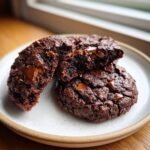 Close-up of fudgy, dark chocolate cookies, one broken open to show melted chocolate chips, from the Irresistible Chocolate Ginger Cookies Recipe.