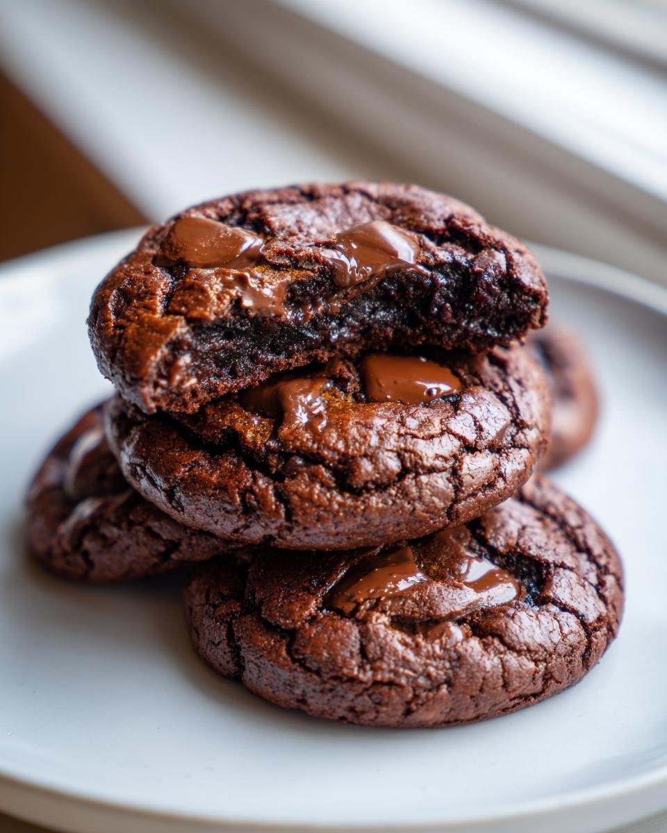 Close-up of stacked, fudgy Irresistible Chocolate Ginger Cookies with melted chocolate chips.