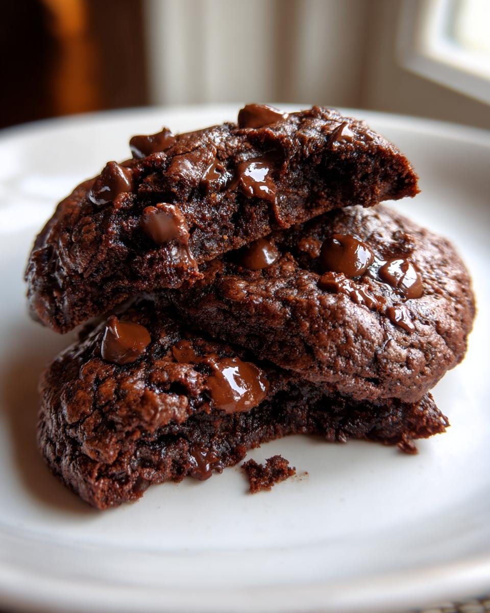 Close-up of stacked, fudgy Irresistible Chocolate Ginger Cookies with melted chocolate chips.
