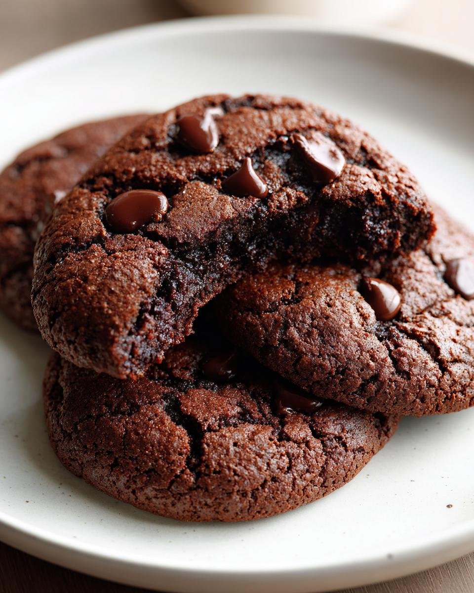 Close-up of rich, fudgy Irresistible Chocolate Ginger Cookies stacked on a white plate, showing melted chocolate chips.